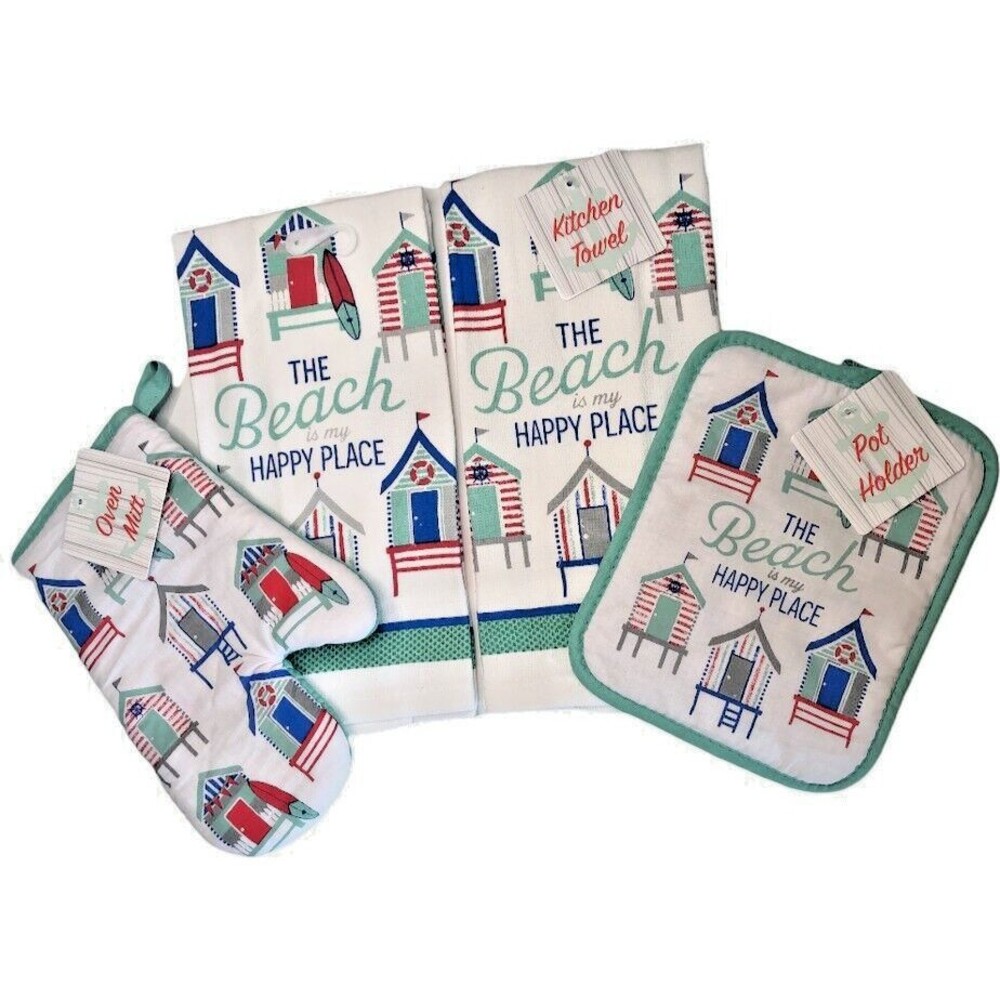 Summer Kitchen Dish Towels Oven Mitt Potholder Set of 4 Beach Is My Happy Place